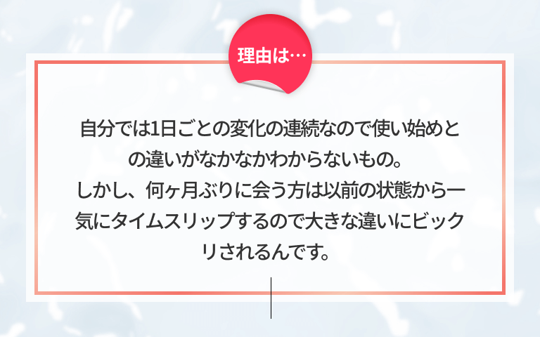 理由は…自分では1日ごとの変化の連続なので使い始めとの違いがなかなかわからないもの。しかし、何ヶ月ぶりに会う方は以前の状態から一気にタイムスリップするので大きな違いにビックリされるんです。